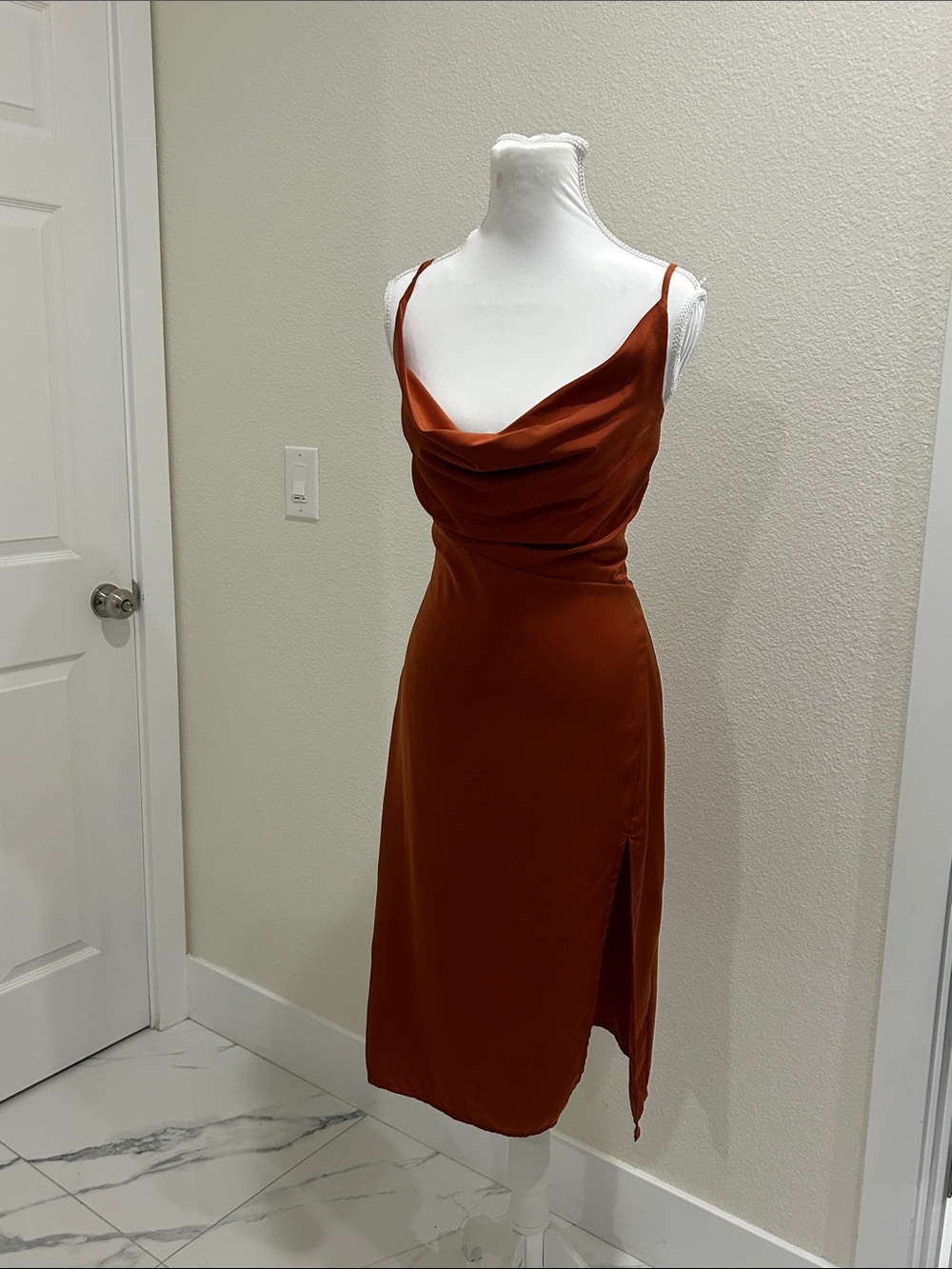 Satin Cowl-Neck Midi Dress in Rust